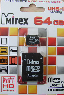 MicroSD 64Gb Mirex Class 10 UHS-I 45Mb/s +SD adapter